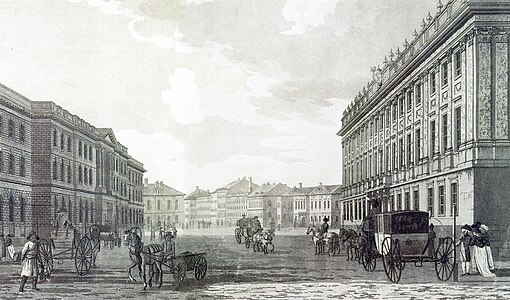 Вид Миллионной улицы. Гравюра Т. Малтона 1790 года[41]. Слева, напротив Мраморного дворца, видно здание Ломбарда и Воспитательного дома, выстроенное Ю. Фельтеном в 1779 году