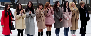 Momoland at KBS Music Bank in February 2018 From left to right: Nancy, Taeha (former), Yeonwoo (former), Ahin, Daisy (former), Jane, Nayun, JooE, and Hyebin