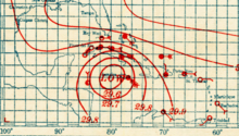 Weather map showing wind observations in the vicinity of a hurricane in the Caribbean