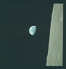 AS08-14-2383 (21713574299), from which Earthrise was cropped. The photo is displayed here in its original orientation as seen by the crew of Apollo 8. Lunar north is up. AS08-14-2383 (21713574299).jpg