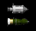 אפולו CSM ו- LOK (Soyuz 7K-L3) (משורטט לפי קנה מידה). ספינות פיקוד למסע הירח