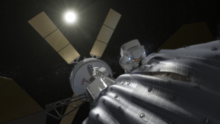 Artist's concept of an astronaut on an EVA taking samples from a captured asteroid, with Orion in the background Astronaut preparing to take samples from the captured asteroid.png