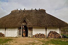 Anglo-Saxon house reconstruction at Butser Ancient Farm, 6th-8th century Butser Ancient Farm Saxon Hall with re-enactor .jpg