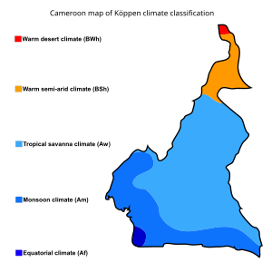 A Koppen climate classification map of Cameroon. Cameroon map of Koppen climate classification.svg