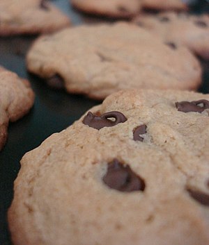 Closeup of a chocolate chip in a freshly baked...