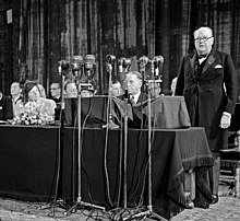 Winston Churchill's inaugural speech of the Council of Europe in The Hague Churchill Tha Hague 1948.jpg