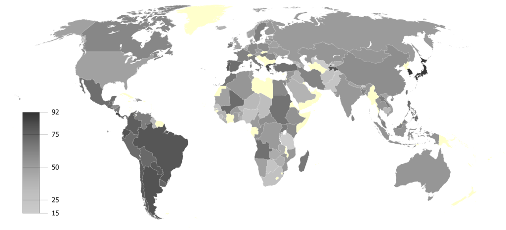 Aquecimento global - Percentagem de respostas positivas por país