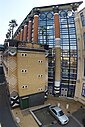 ☎∈ Fisheye stiched panorama of the rear aspect of the Judge Business School, Cambridge, UK.