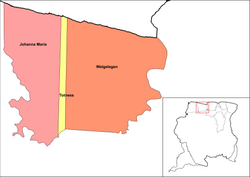 Map showing the resorts of Coronie District. Totness is in yellow