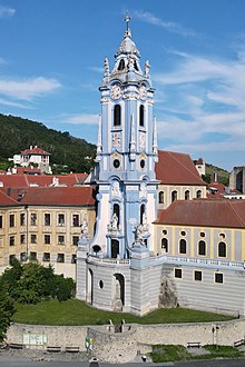 Bell tower of the former monastery in Durnstein, Lower Austria Durnstein - ehem. Augustinerchorherren-Stift, Turm (b).JPG
