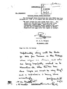 Diplomatic cable signed by D.A. Greenhill, 1966, relating to the depopulation of the Chagos Archipelago stating "Unfortunately along with the birds go some few Tarzans or Men Fridays." Diplomatic Cable signed by D.A. Greenhill, dated August 24, 1966.jpg