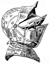 A close helmet with a split visor (also with an extra pivoting peak), c. 1560 (notice that its bevor - secured by a strap - is attached to the same pivot as the visors) Double-visored close helm by Wendelin Boeheim.jpg
