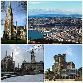 Clockwise from top: First Church of Otago; cityscape seen from Signal Hill lookout; Larnach Castle; Anglican Cathedral and Town Hall on The Octagon
