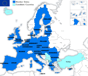 Map of EU member states, 2007 admissions and candidate countries