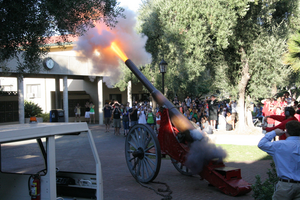 The Fleming cannon, pictured here at Caltech, is routinely fired to mark the end of academic terms, Ditch Day, the end of Rotation, and the graduation of the Fleming House president during Commencement. Fleming Cannon being fired.png