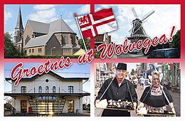 Ansichtkaart van Wolvega met Station Wolvega , de molen Windlust , Sint-Franciscuskerk (Wolvega) en een gezellige visboer met z'n vrouw.