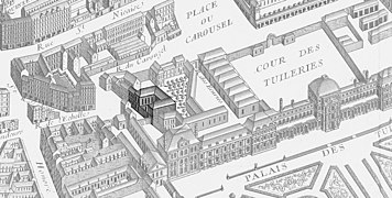 Das Hôtel d’Armagnac auf dem Plan de Turgot, links die Rue Saint-Honoré, rechts der Tuilerien-Palast