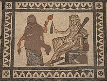 Hercules and Omphale cross-dressed (mosaic from Roman Spain, 3rd century AD) Hercules and Omphale, central panel of the Mosaic with the Labors of Hercules, 3rd century AD, found in Lliria (Valencia), National Archaeological Museum of Spain, Madrid (15457429395).jpg