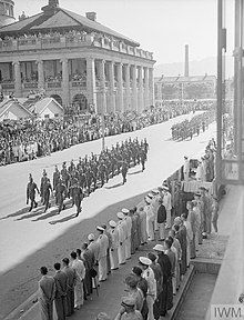 Indian soldiers march during Hong Kong Victory Celebrations, 9 October 1945. Indian troops march in Hong Kong 1945.jpg