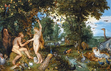 Depiction of the sin of Adam and Eve by Jan Brueghel the Elder and Pieter Paul Rubens Jan Brueghel de Oude en Peter Paul Rubens - Het aards paradijs met de zondeval van Adam en Eva.jpg