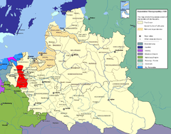 Mapa mostrando a localização da voivodia de Kalisz (em vermelho) na República das Duas Nações.