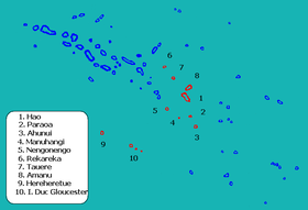 Localisation (9 et 10) des îles du Duc de Gloucester sur la carte des Tuamotus.