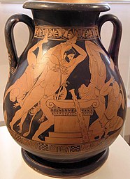 Pan-maalarin maalaama pelike, jonka kuva-aiheena on Herakles ja Egyptin kuningas Busiris, n. 470 eaa.