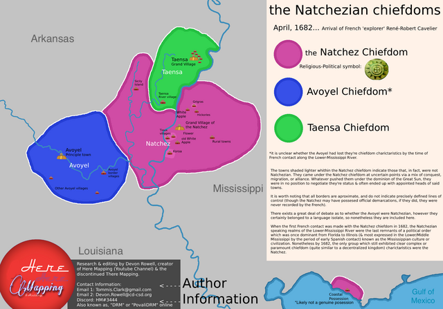 Map of the pre-contact distribution of the Natchez people and their chiefdoms in 1682