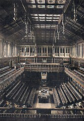 The old chamber of the House of Commons was in use between 1852 and 1941, when it was destroyed by German bombs in the course of the Second World War. Old House of Commons.jpg