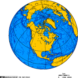 Global view centred on North America