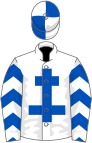 White, royal blue cross of lorraine, chevrons on sleeves, quartered cap