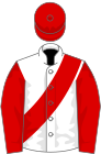 WHITE, red sash, red sleeves and cap