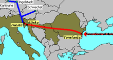 The Pan-European Pipeline (red) and its connection to the Transalpine Pipeline (blue) Pan-European Pipeline.PNG