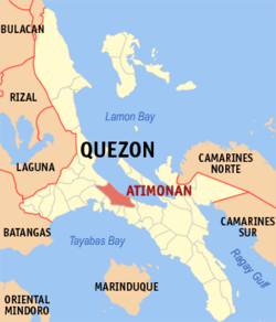 Bản đồ của Quezon với vị trí của Atimonan.