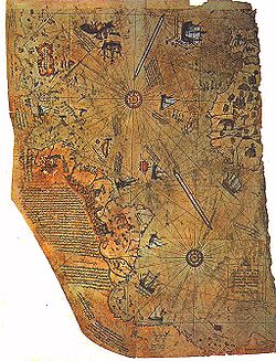 Fragmento del mapa de Piri Reis, donde figuran unas islas en aproximada consonancia con las Malvinas