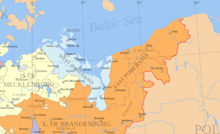 Swedish sovereignty over Western Pomerania (in blue) was confirmed in 1653, and finally ended only in 1815 Pomerania 1653.PNG