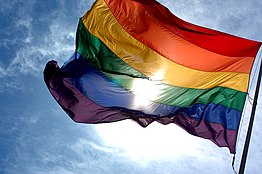 The rainbow flag is a symbol of lesbian, gay, bisexual, transgender, and queer (LGBT) pride and LGBT social movements in use since the 1970s. Rainbow flag and blue skies.jpg
