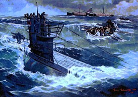 Шлюпка с торгового судна приближается к U-99 для прохождения досмотра, картина 1981 года