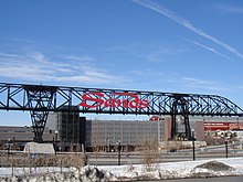 Wind Creek Bethlehem, a casino that opened in 2009 on the former grounds of Bethlehem Steel Sands Casino Resort bridge with sign.JPG