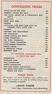 In 1954 at Shibe Park, a dollar ($9.63 in 2020 dollars) bought a hot dog, a soda, a pack of cigarettes, popcorn, and a megaphone, with a dime change Shibe Park 1954 concession prices.jpg