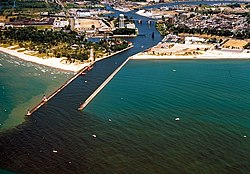 Aerial view of the harbor at St. Joseph, Michigan. The St. Joseph River flows into Lake Michigan through the city.