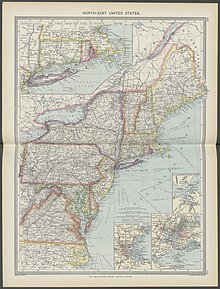 Northeastern United States in 1908 from The Harmsworth atlas and Gazetter The Harmsworth atlas and Gazetter 1908 (135851517).jpg
