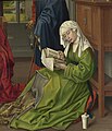 Rogier van der Weyden. Osa maalist "Neitsi Maarja pühakutega", enne 1438. Pliivalge on näo ja rätiku värvides ning helerohelise rüü alusmaalinguks, sinise vöö ornamendis ja taustamaastikus.