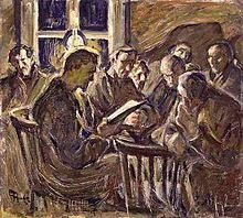 "Sammankomsten" ("The Meeting"), oil painting by Ester Almqvist, original at the Swedish National Museum. The painting was chosen by the UN as a motif for a stamp commemorating the establishment of the Universal Declaration of Human Rights, paragraph 20: the Right of Assembly. Themeeting.jpg