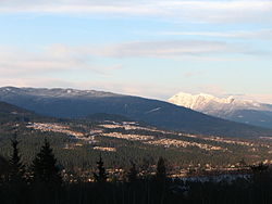 Westwood Plateau, with Burke Mountain behind and Golden Ears Provincial Park in the distance