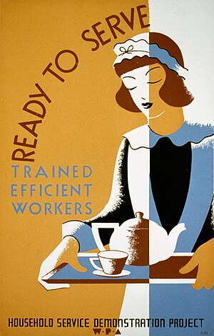 Stylized drawing of a maid on a WPA poster.