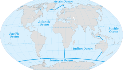 World map of the five-ocean model with approximate boundaries World map ocean locator-en.svg