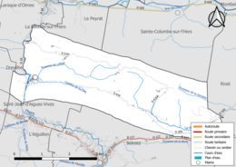 Carte en couleur présentant les réseau hydrographique de la commune