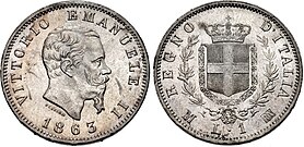 1 італійська ліра, Віктор Емануїл II (1863 рік, срібло 900 проби, 25 г)