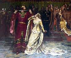 The Ceremony of the Garter (1901) von Albert Chevallier Tayler zeigt die legendäre Szene, auf die die Gründung des Hosenbandordens zurückgehen soll: König Eduard III. zeigt das Strumpfband seiner Geliebten